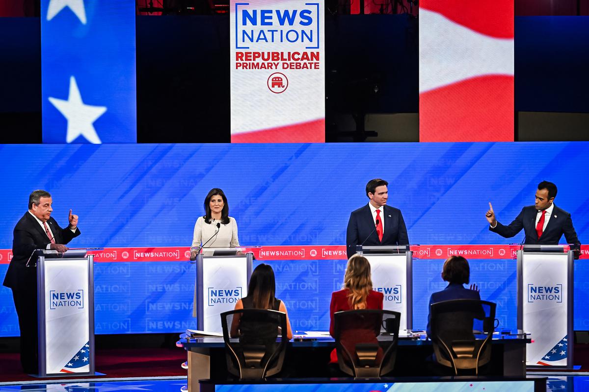 (From L) Former Governor of New Jersey Chris Christie, former Governor from South Carolina and UN ambassador Nikki Haley, Florida Governor Ron DeSantis and entrepreneur Vivek Ramaswamy participate in the fourth Republican presidential primary debate at the University of Alabama in Tuscaloosa, Alabama, on December 6, 2023. (Photo by Jim WATSON / AFP)