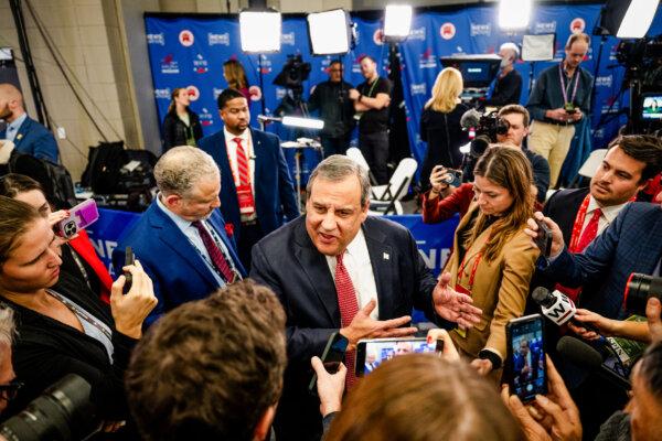 Former New Jersey Gov. Chris Christie speaks to reporters in the spin room following the NewsNation Republican Presidential Primary Debate at the University of Alabama Moody Music Hall on Dec. 6, 2023, in Tuscaloosa, Alabama. (Photo by Brandon Bell/Getty Images)