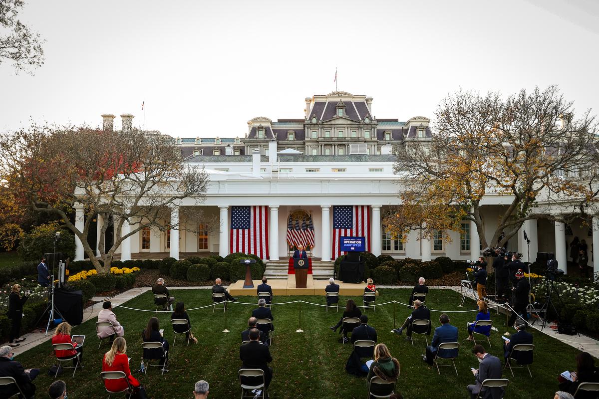 President Donald Trump speaks about the vaccine program, Operation Warp Speed, in the Rose Garden at the White House in Washington on Nov. 13, 2020. (Tasos Katopodis/Getty Images)
