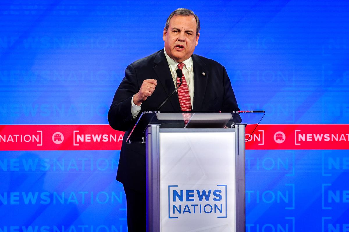 Republican presidential candidate former New Jersey Gov. Chris Christie delivers his closing statement during the Republican presidential primary debate in Tuscaloosa, Ala., on Dec. 6, 2023. (Justin Sullivan/Getty Images)