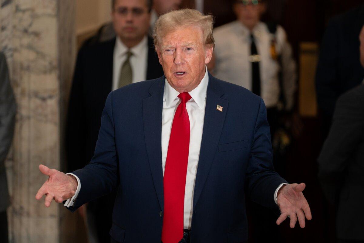 Former President Donald Trump departs for lunch and speaks to the media during his trial in New York State Supreme Court in New York, on Dec. 7, 2023. (David Dee Delgado/Getty Images)