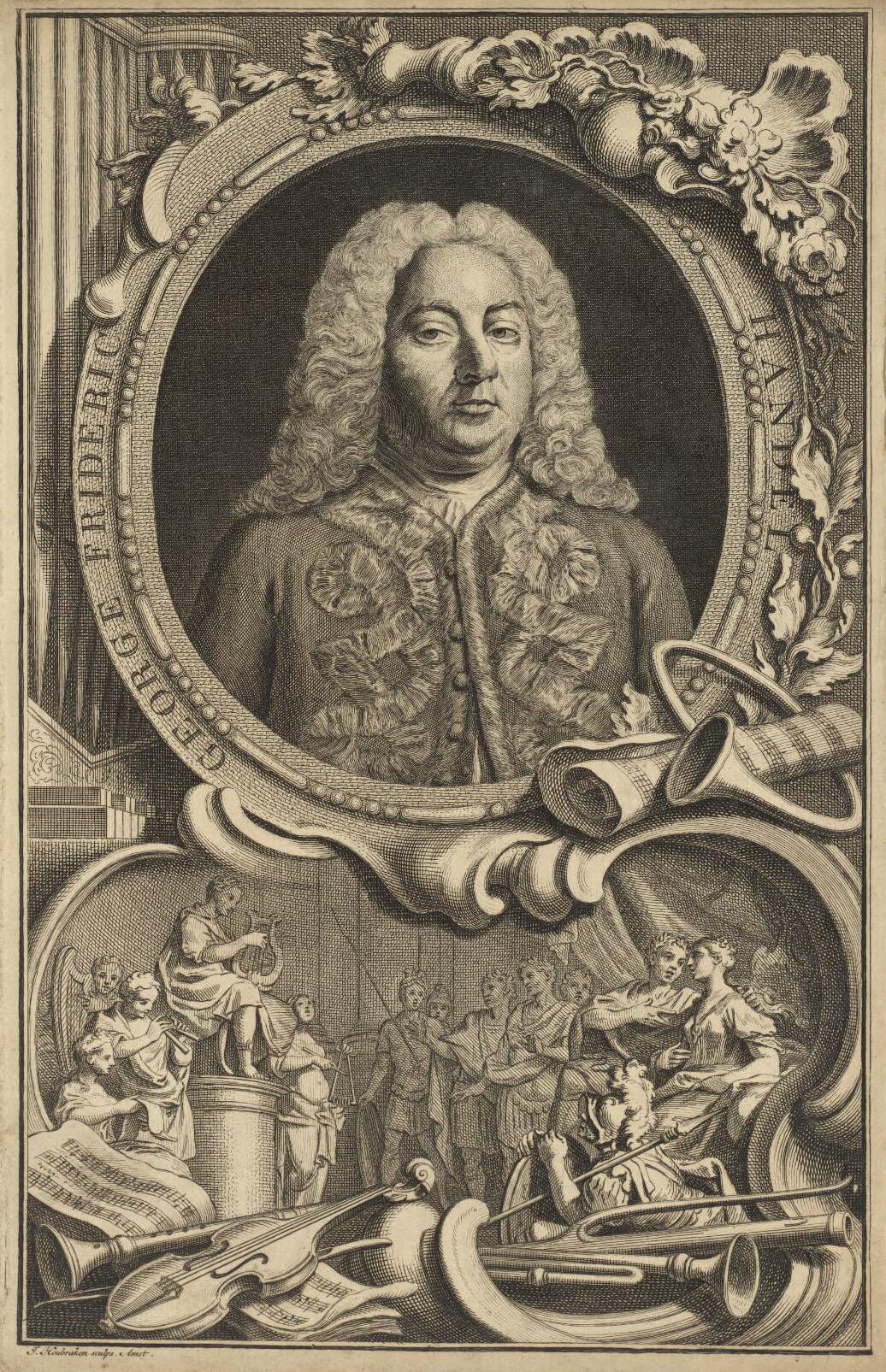 A portrait of George Frideric Handel, 1738, by Jacobus Houbraken and Hubert-François Gravelot. Engraving. National Library of Wales. (Public Domain)