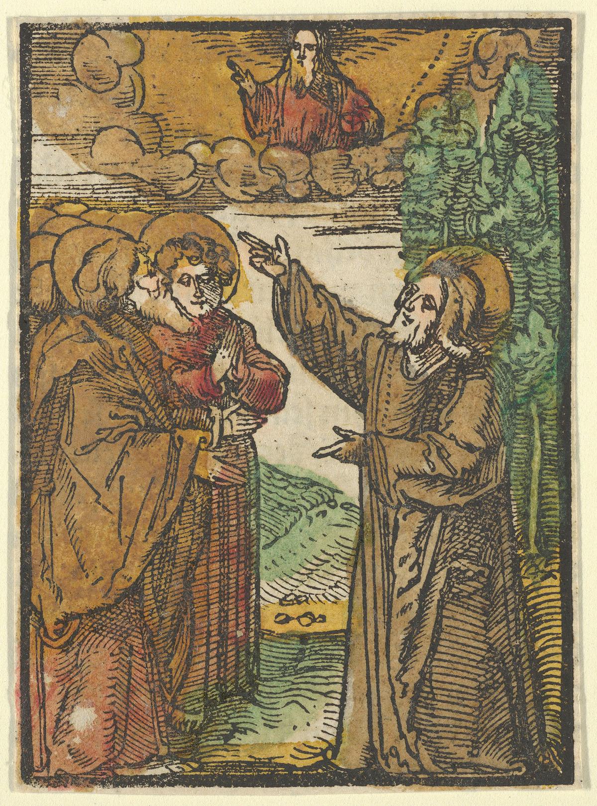 "Christ Talking About His Return to the Father, From Das Plenarium," 1517, by Hans Leonhard Schäufelein and Adam Petri. Hand-colored woodcut. The Metropolitan Museum of Art, New York. (Public Domain)