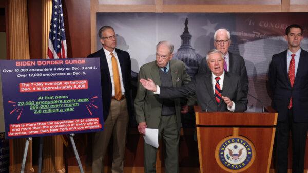 Sen. Lindsey Graham (R-S.C.) (C) speaks at a press conference on border security at the Capitol, on Dec. 7, 2023. (Kevin Dietsch/Getty Images)