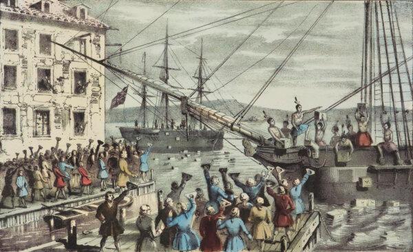 Colonists are shown cheering in this 1846 lithograph by Nathaniel Currier was entitled "The Destruction of Tea at Boston Harbor." The phrase "Boston Tea Party" had not yet become standard. (Public Domain)