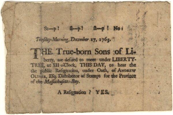 Sons of Liberty broadside, 1765. Massachusetts Historical Society. (Public Domain)