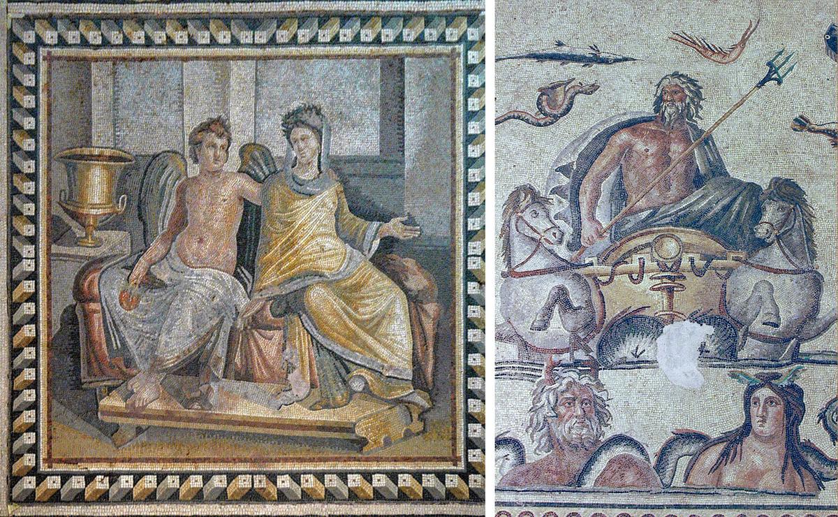 (Left) Detail of Eros, the god of love, and Psyche (<a href="https://en.wikipedia.org/wiki/File:Gaziantep_Zeugma_Museum_Eros_and_Psyche_mosaic_8258.jpg">Dosseman</a>/CC BY-SA 4.0); (Right) Oceanos the god of all river gods (<a href="https://en.wikipedia.org/wiki/File:Gaziantep_Zeugma_Museum_Oceanus_and_Thetys_2_mosaic_4021.jpg">Dosseman</a>/CC BY-SA 4.0).
