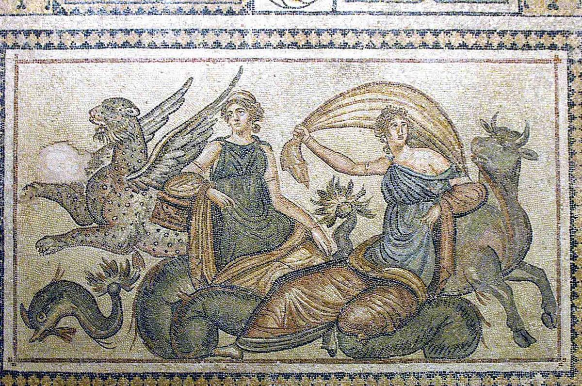 Zeus in the form of a bull and Europe. (<a href="https://commons.wikimedia.org/wiki/File:Gaziantep_Zeugma_Museum_Zeus_and_Europa_mosaic_4087.jpg">Dosseman</a>/CC BY-SA 4.0)