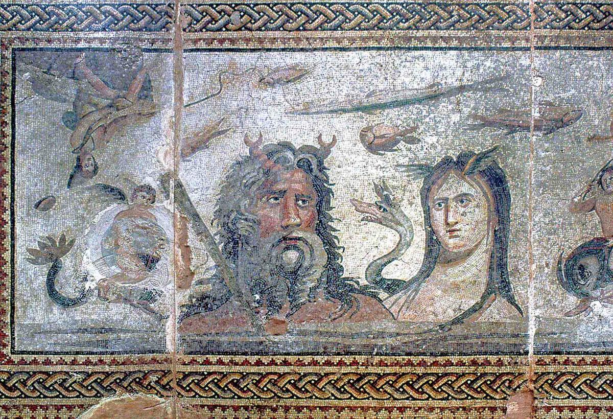Oceanus, the god of all river gods, and his wife, Thetys. (<a href="https://en.wikipedia.org/wiki/File:Gaziantep_Achaeological_Museum_Oceanus_and_Thetys_mosaic_Oceanus,_Thetys_and_dragon_Cetos_scanned_slide_005b.jpg">Dosseman</a>/CC BY-SA 4.0)