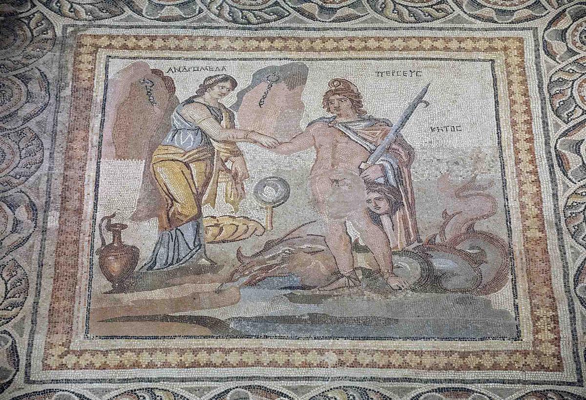 Perseus and Danae, daughter of Acrisius, king of Argos. (<a href="https://en.wikipedia.org/wiki/File:Gaziantep_Zeugma_Museum_Andromeda_mosaic_1870.jpg">Dosseman</a>/CC BY-SA 4.0)