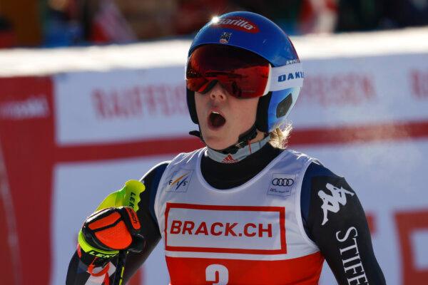 United States' Mikaela Shiffrin checks her time at the finish area of an alpine ski, women's World Cup downhill race, in St. Moritz, Switzerland, on Dec. 9, 2023. (Alessandro Trovati/AP Photo)