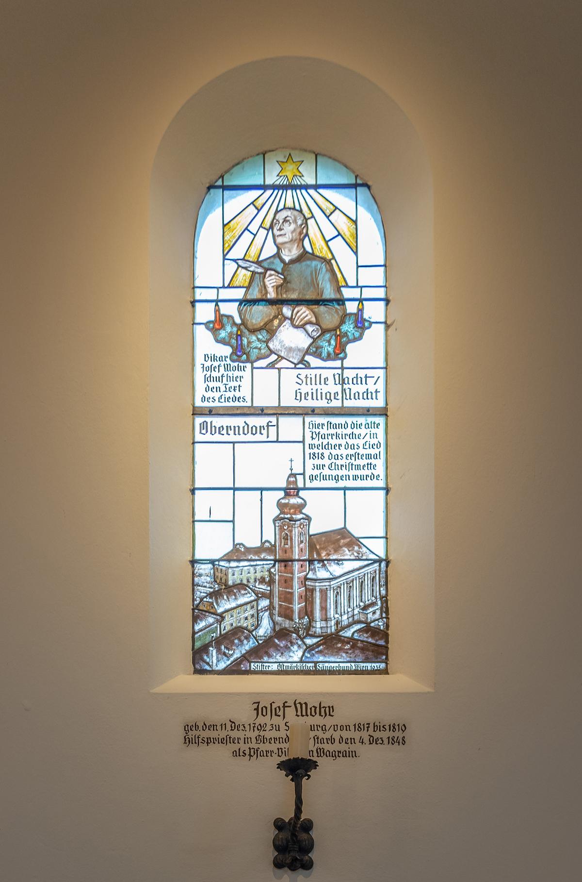 Stained glass of Joseph Mohr inside the Silent Night Chapel in Oberndorf, Austria. (Dave Z/Shutterstock)