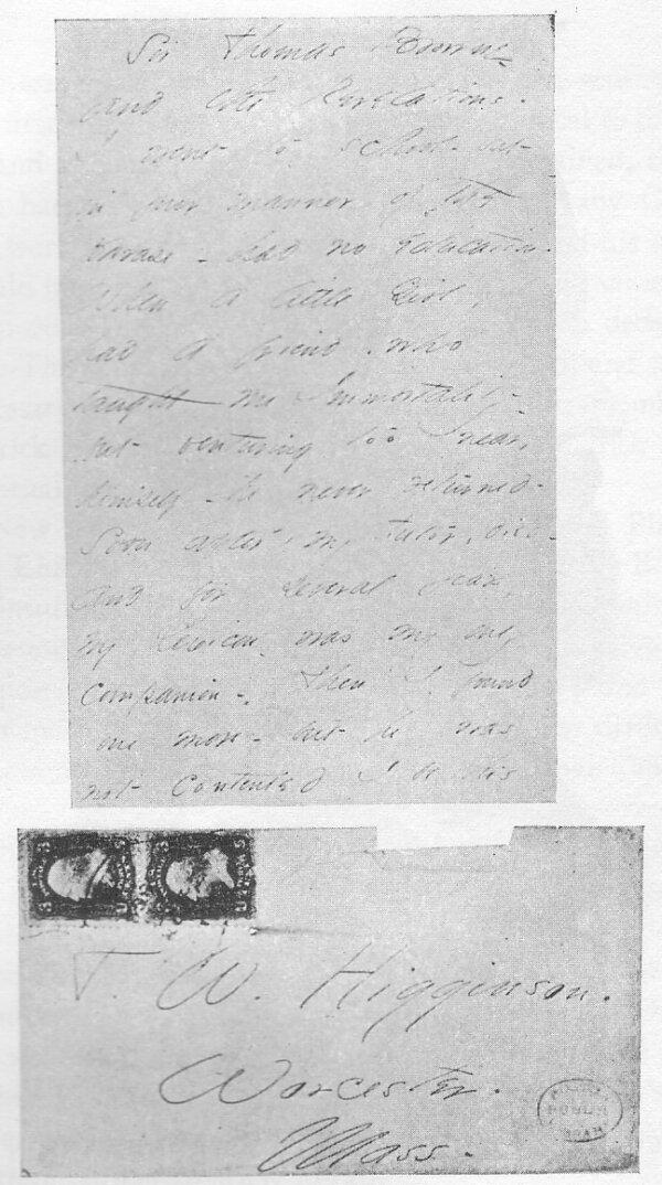 Letter and envelope from Emily Dickinson to Thomas Wentworth Higginson. (Public Domain)