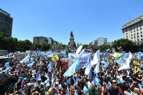 Supporters of Javier Milei wave flags and banners during the Presidential Inauguration Ceremony at National Congress in Buenos Aires, Argentina, on Dec. 10, 2023. (Marcelo Endelli/Getty Images)