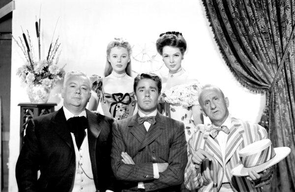 (L–R) Front: Olaf Olstrom (Lauritz Melchior), Lawrence (Peter Lawford), Spike Merengo (Durante), and back row: Martha (June Allyson, L) and Abigail (Kathyn Grayson), “Two Sisters From Boston.” (MovieStillsDB)