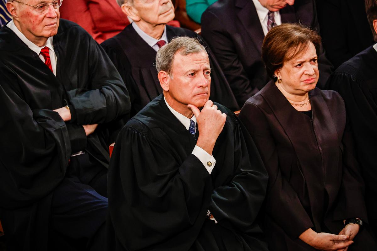 Supreme Court Chief Justice John Roberts and Justice Elena Kagan listen as President Joe Biden delivers his State of the Union address at the U.S. Capitol in Washington on Feb. 7, 2023. (Chip Somodevilla/Getty Images)