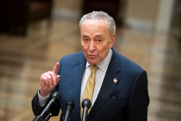 Sen. Charles Schumer (D-N.Y.) speaks to the press after a meeting with Ukrainian President Volodymyr Zelenskyy and other lawmakers in Congress in Washington on Dec. 12, 2023. (Madalina Vasiliu/The Epoch Times)