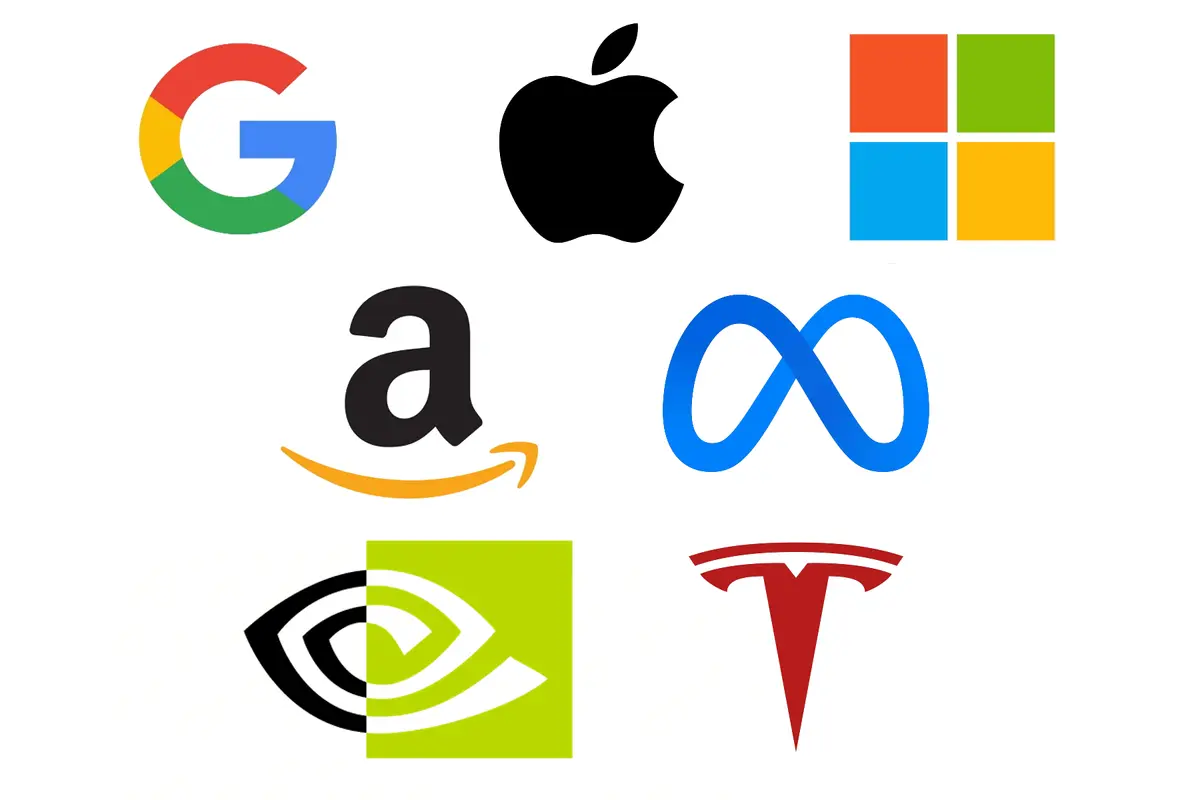 The logos of Google, Apple, Microsoft, Amazon, Meta, Nvidia, and Tesla. (Public Domain)