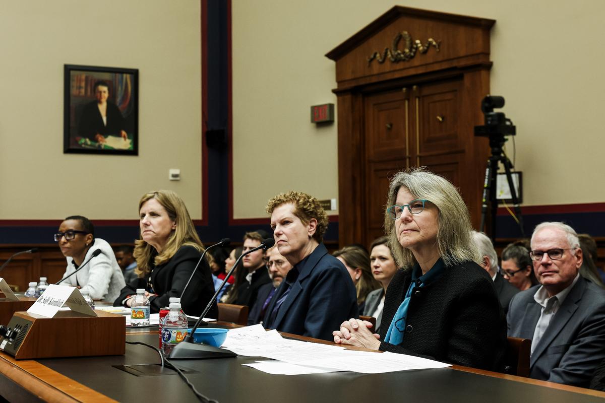  (L–R) Claudine Gay, president of Harvard University, Elizabeth Magill, president of University of Pennsylvania, Pamela Nadell, professor of history and Jewish studies at American University, and Sally Kornbluth, president of Massachusetts Institute of Technology, testify before a House committee in Washington on Dec. 5, 2023. (Kevin Dietsch/Getty Images)