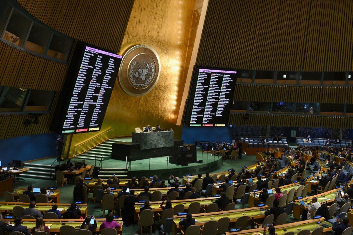 A general view shows a screen of votes during a United Nations General Assembly meeting to vote on a non-binding resolution demanding "an immediate humanitarian ceasefire" in Gaza at UN headquarters in New York on Dec. 12, 2023. (Angela Weiss/ AFP via Getty Images)
