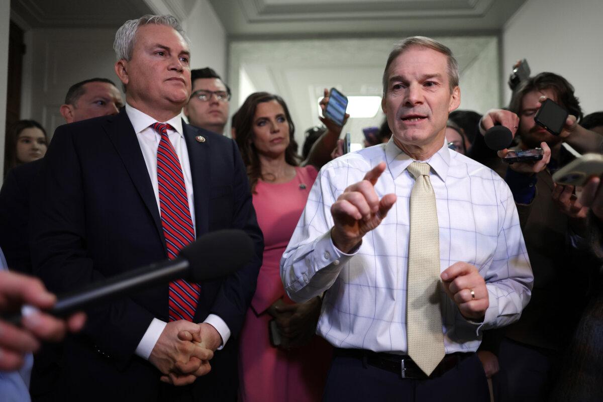 House OversightChairman James Comer (R-Ky.) (L) and House Judiciary Chairman Jim Jordan (R-Ohio) talk to reporters after President Joe Biden's son Hunter Biden defied a subpoena, in the Rayburn House Office Building in Washington on Dec. 13, 2023. (Alex Wong/Getty Images)