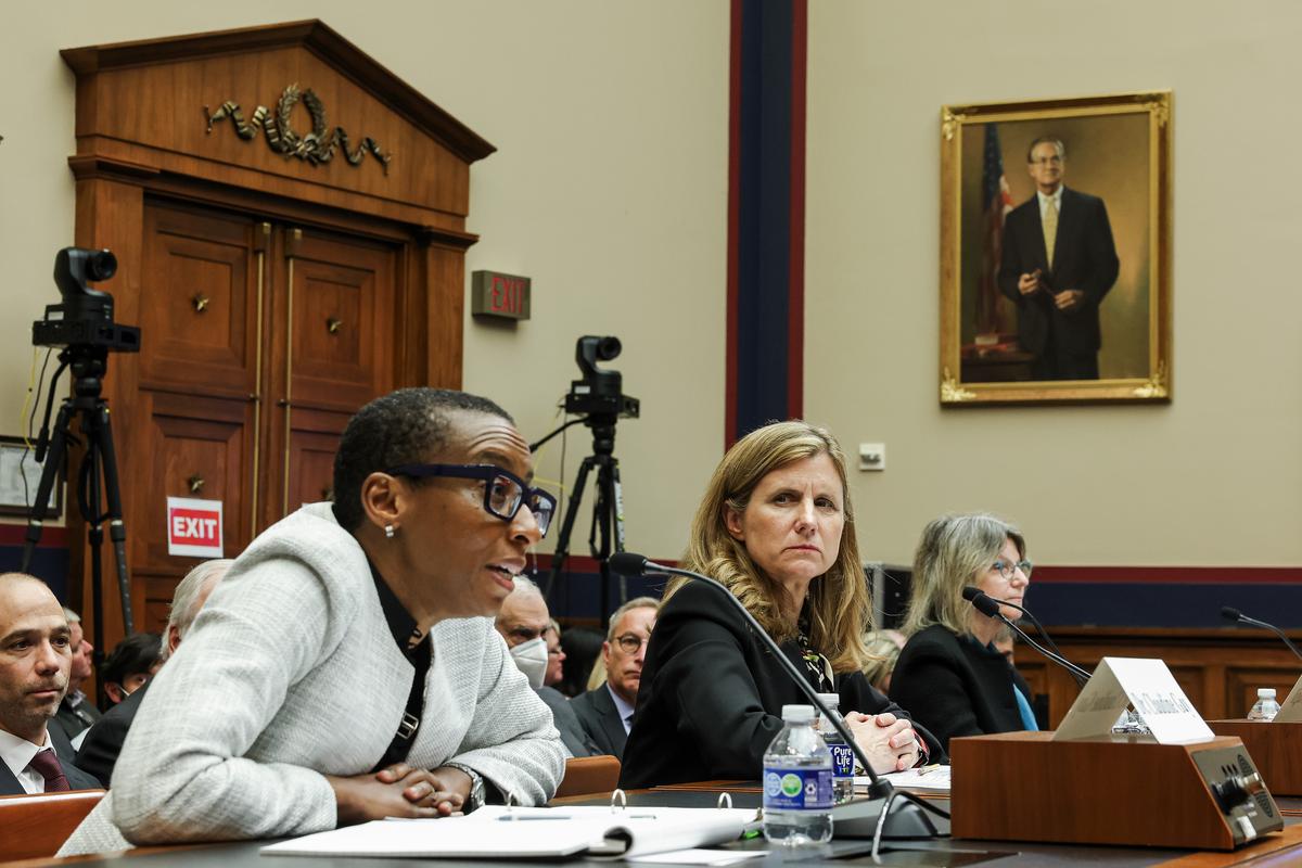 (L–R) Claudine Gay, president of Harvard University, Liz Magill, president of University of Pennsylvania, and Sally Kornbluth, president of Massachusetts Institute of Technology, testify before the House Committee on Education and the Workforce in Washington on Dec. 5, 2023. (Kevin Dietsch/Getty Images)