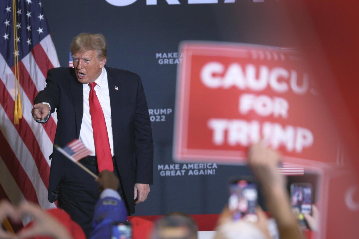 Republican presidential candidate, former President Donald Trump holds a campaign event at the Hyatt Hotel in Coralville, Iowa, on Dec. 13, 2023. (Scott Olson/Getty Images)