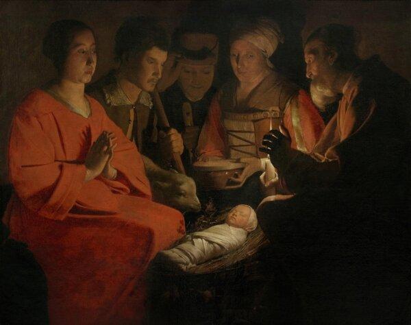  Carravagio influenced French artist Georges de La Tour’s candle and torchlight scenes, although La Tour made his own style using simple geometric shapes and a delicate light. “Adoration of the Shepherds,” 1644, by Georges de La Tour. Oil on canvas; 42 1/8 inches by 51 5/8 inches. Louvre Museum, Paris. (Philippe Lelong/<a href="https://commons.wikimedia.org/wiki/File:L%27adoration_des_bergers.jpg">CC BY-SA 4.0 DEED</a>)