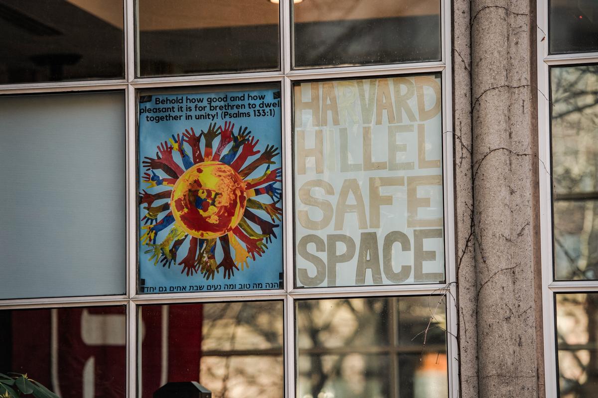 A sign designates a building as a safe space at the Jewish student organization Hillel society's building at Harvard University in Cambridge, Mass., on Dec. 12, 2023. (Joseph Prezioso/AFP via Getty Images)