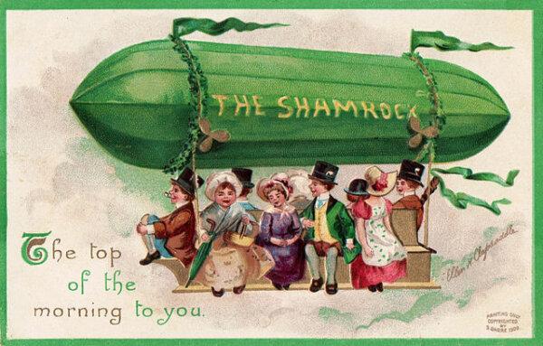 A 1908 postcard boasting a green Zeppelin in honor of St. Patrick's Day. (Public Domain)