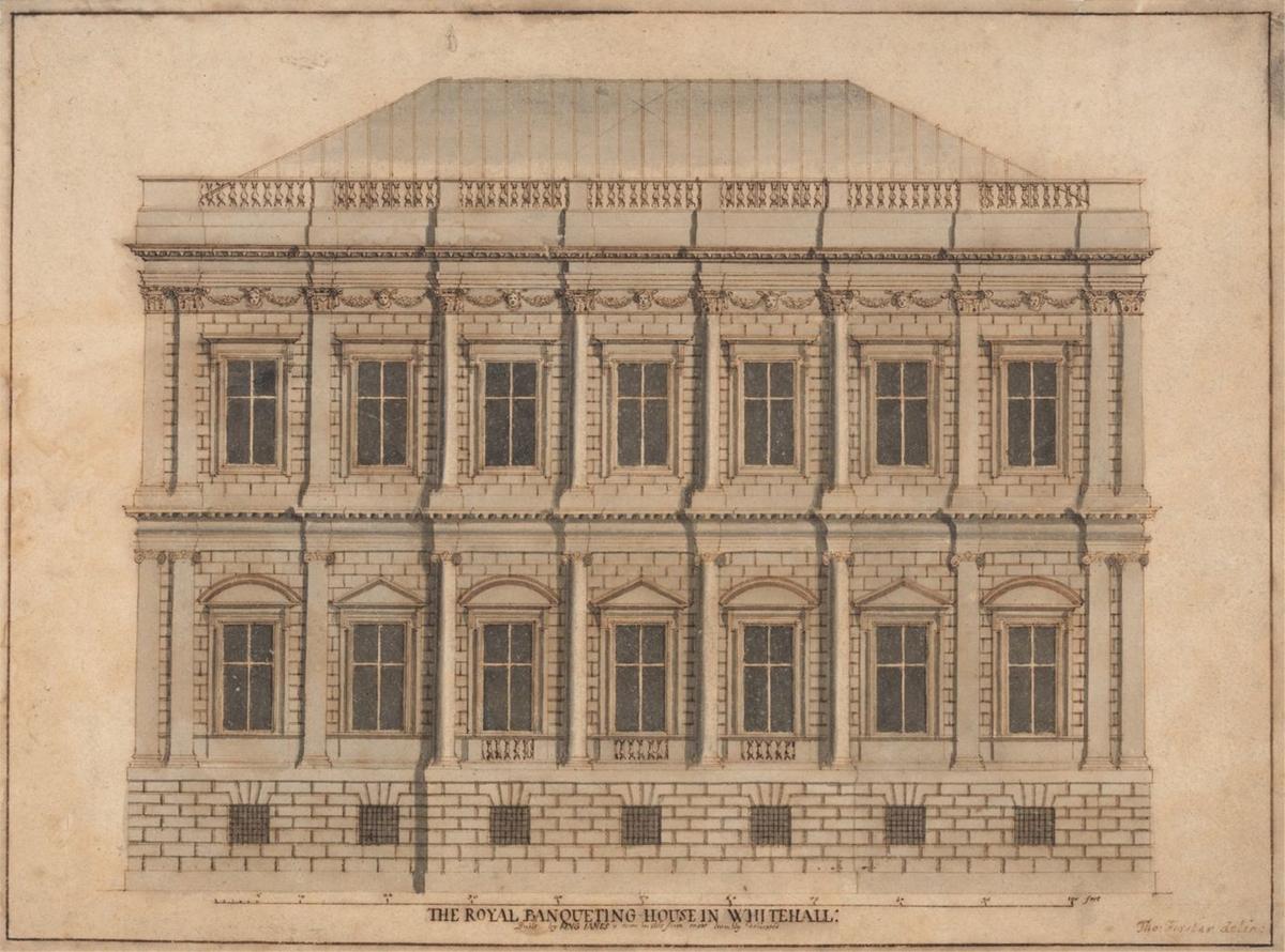 Front elevation of the Banqueting House, between 1672–1722, by Thomas Forster. Pen and brown ink, graphite, gray wash, on beige woven paper. Yale Center for British Art, New Haven, Connecticut. (Public Domain)