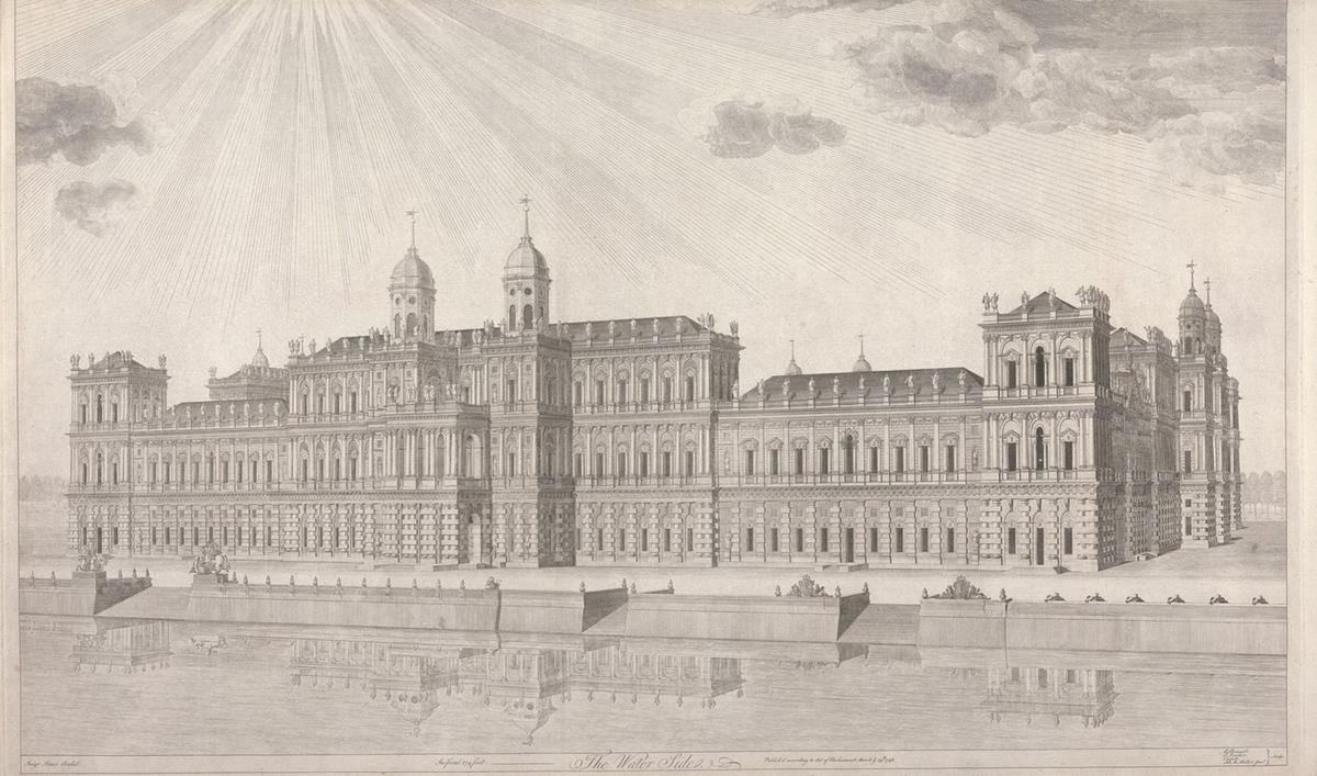 An engraving of the Palace of Whitehall from the waterside, 1748, by Inigo Jones. Yale Center for British Art, New Haven, Connecticut. (Public Domain)