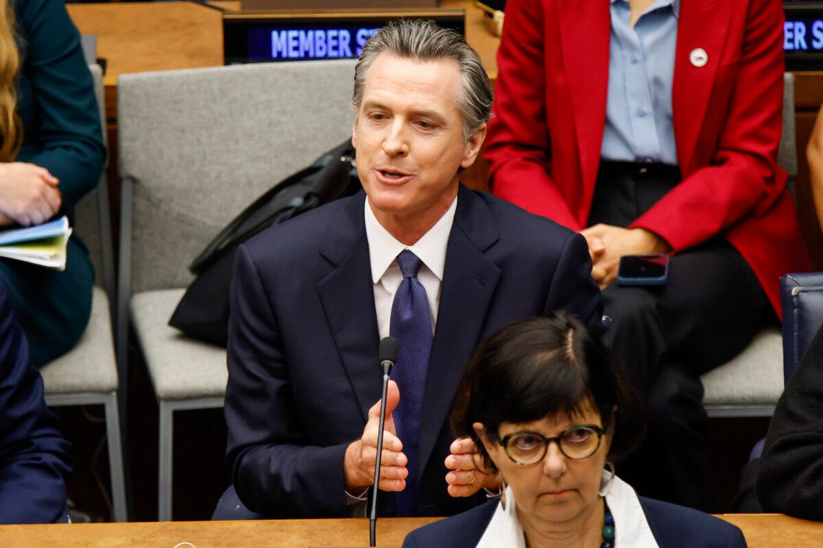 California Gov. Gavin Newsom speaks as he attends the Climate Ambition Summit at the United Nations Headquarters in New York City on Sept. 20, 2023. (Kena Betancur/Getty Images)