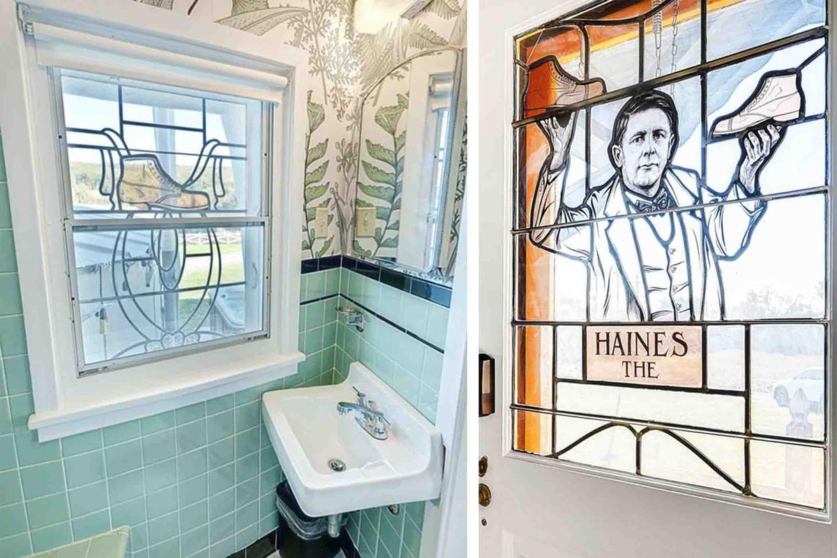 The first-floor bathroom and stained glass windows. (Courtesy of <a href="https://www.hainesshoehouse.com/">Haines Shoe House</a>)