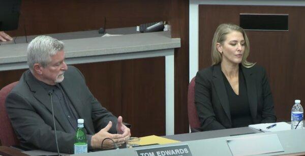 Sarasota County School Board members Tom Edwards and Bridget Ziegler are seen at a board meeting on Dec. 12, 2023. (Sarasota County School Board/Screenshot via Youtube)