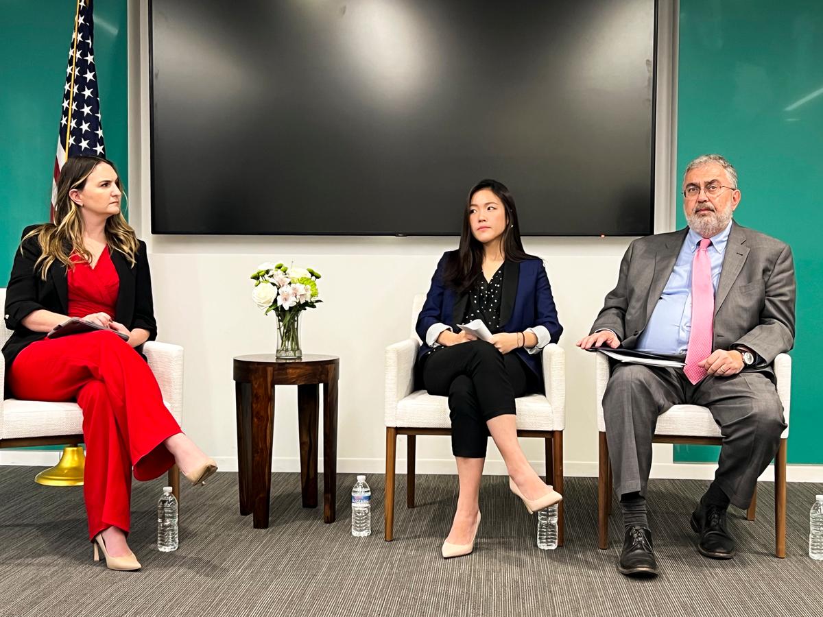  L-R, Olivia Enos, senior fellow at the Hudson Institute; Frances Hui, policy and advocacy coordinator at the Committee for Freedom in Hong Kong Foundation; and Piero Tozzi, staff director at the Congressional-Executive Commission on China, during a panel discussion hosted by the Hudson Institute on Dec. 15, 2023, in Washington. (Emel Akan/The Epoch Times)