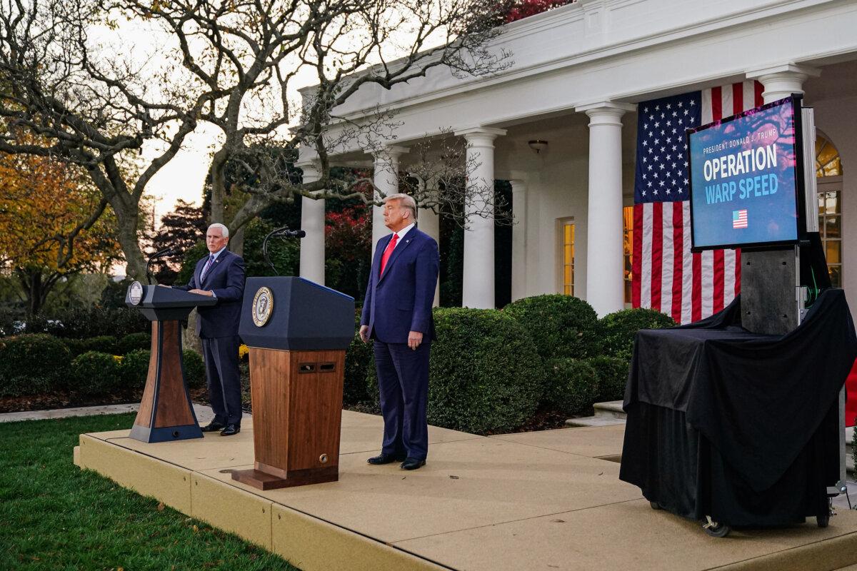 Vice President Mike Pence (L) and President Donald Trump deliver an update on Operation Warp Speed in the Rose Garden of the White House in Washington on Nov. 13, 2020. (Mandel Ngan/AFP via Getty Images)