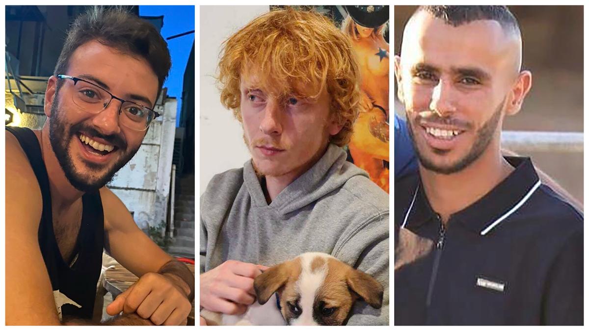  This photo combo shows three hostages who had been abducted from Israeli communities near the Gaza border, (L–R) Alon Shamriz, Yotam Haim, and Samer Al-Talalka. (Courtesy of the Shamriz, Haim, and Al-Talalka families via AP)
