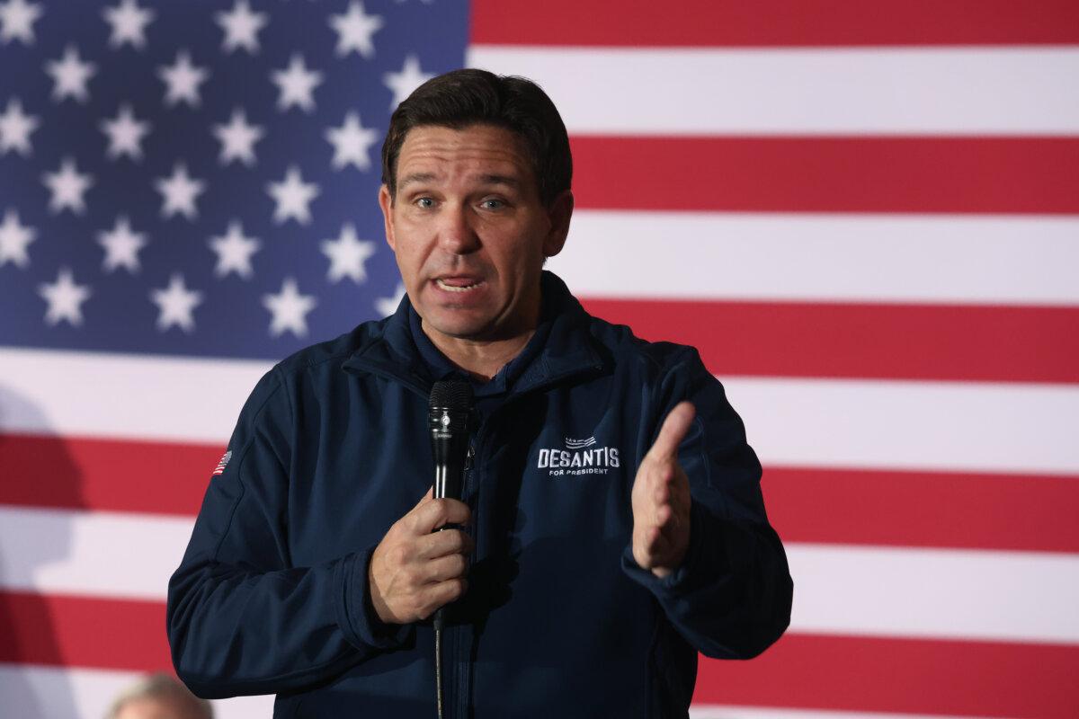 Republican presidential candidate Florida Gov. Ron DeSantis speaks to guests during a campaign rally at the Thunderdome in Newton, Iowa, on Dec. 2, 2023. (Scott Olson/Getty Images)