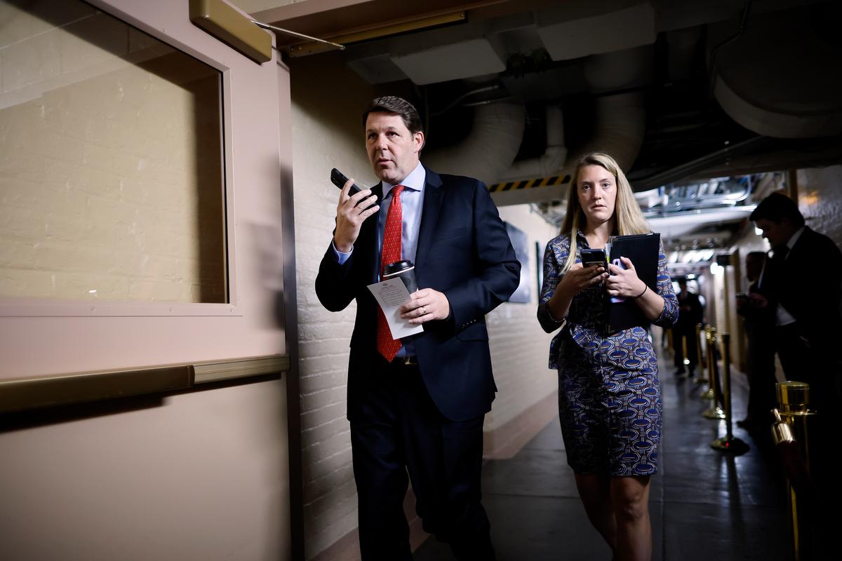 House Budget Committee Chairman Jodey Arrington (R-Texas) (L) arrives for the weekly House Republican conference meeting in the basement of the U.S. Capitol in Washington on Nov. 7, 2023. (Chip Somodevilla/Getty Images)