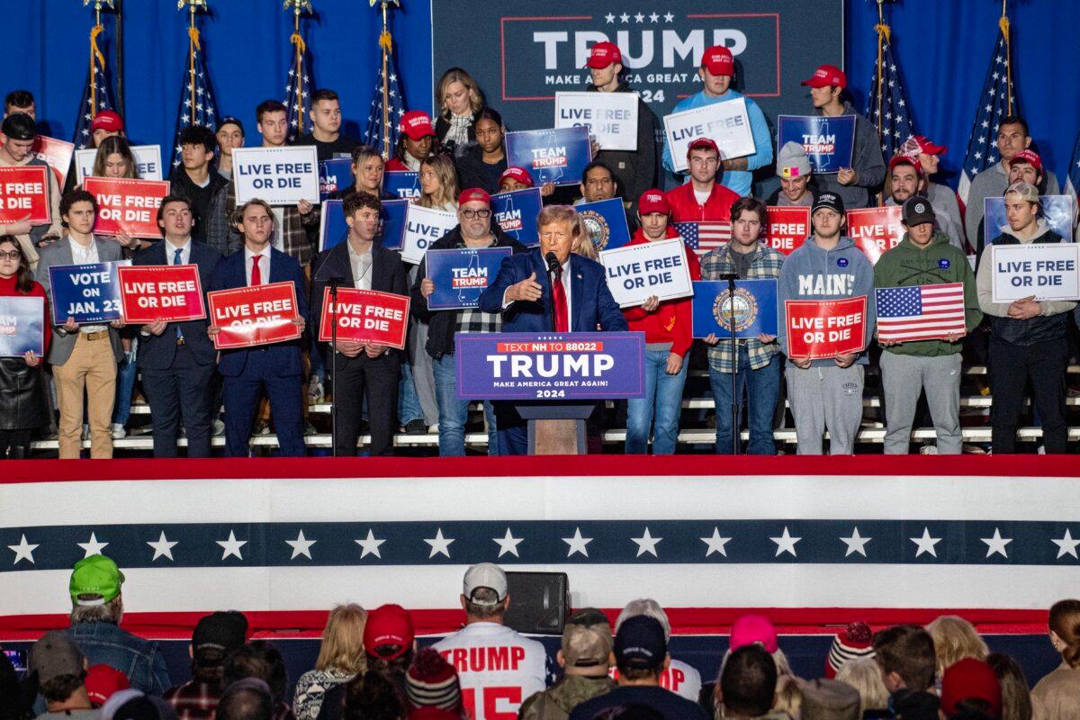 Former President and 2024 Republican presidential hopeful Donald Trump speaks during a campaign rally at the University of New Hampshire's Whittemore Center Arena in Durham, N.H., on Dec. 16, 2023. (Joseph Prezioso/AFP via Getty Images)
