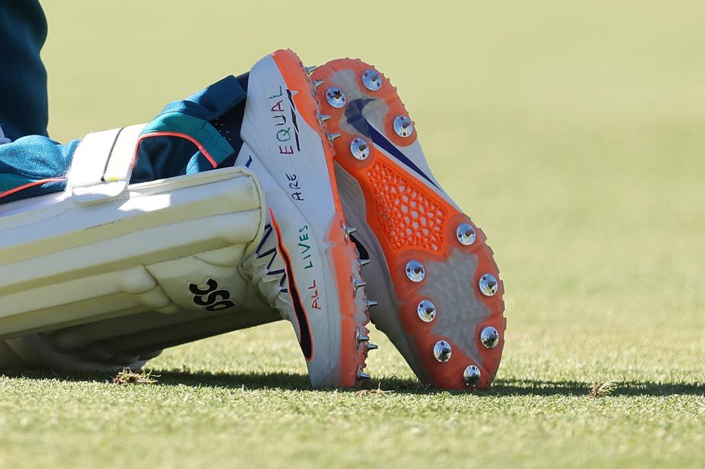 The shoes of cricketer Usman Khawaja are pictured during an Australian nets session the at the WACA in Perth, Australia on Dec. 11, 2023. (Paul Kane/Getty Images)