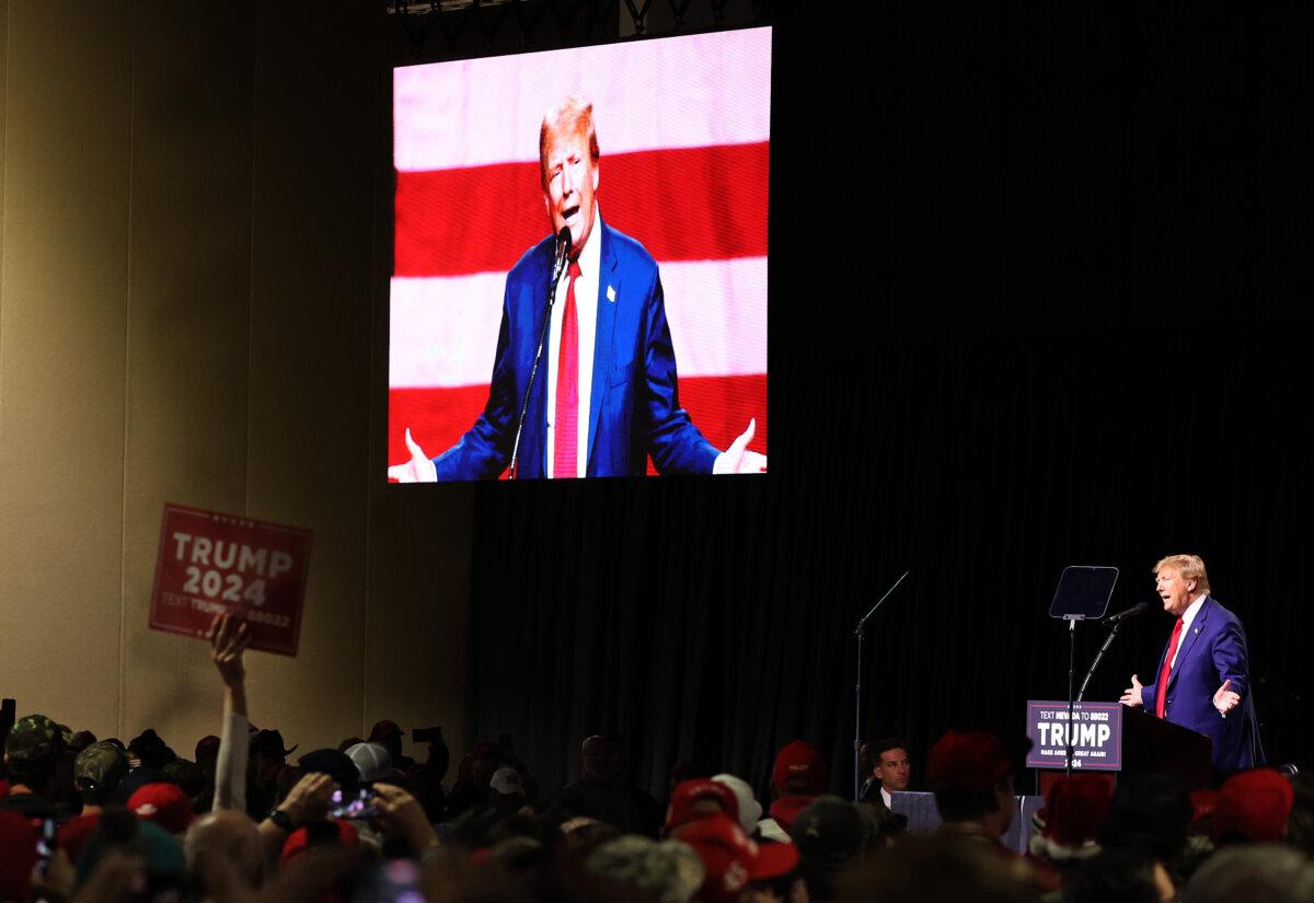 Republican presidential candidate former President Donald Trump delivers remarks during a campaign rally at the Reno-Sparks Convention Center in Reno, Nev., on Dec. 17, 2023. (Justin Sullivan/Getty Images)
