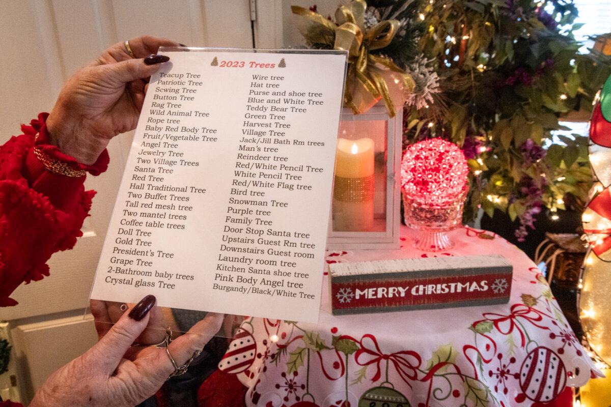 A list of different types of Christmas trees in the home of the Nash and Lillestrand family in Chino Hills, Calif., on Dec. 12, 2023. (John Fredricks/The Epoch Times)