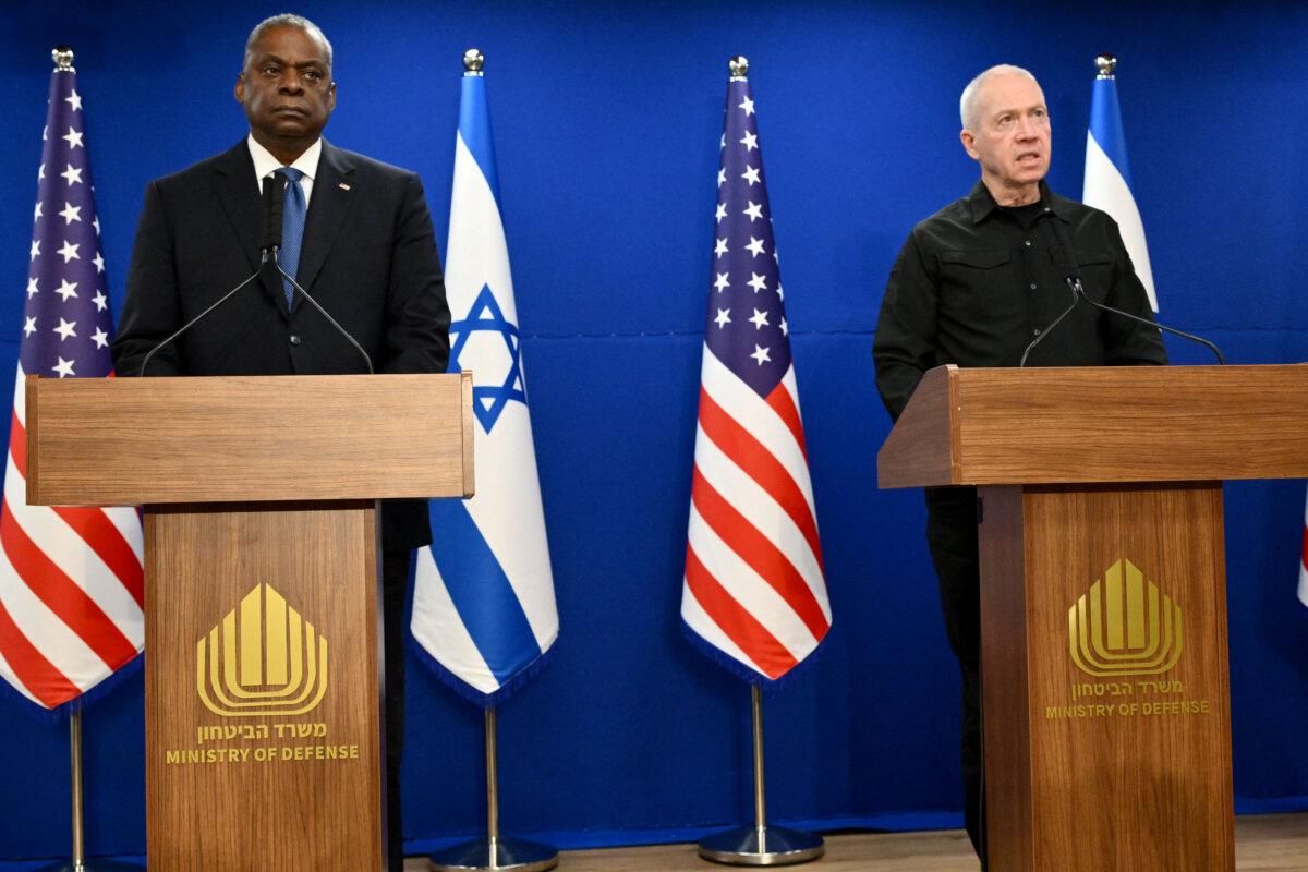 U.S. Secretary of Defense Lloyd Austin (L) and Israel's Defense Minister Yoav Gallant give a joint news conference in Tel Aviv, Israel, on Dec. 18, 2023. (Alberto Pizzaoli/AFP via Getty Images)