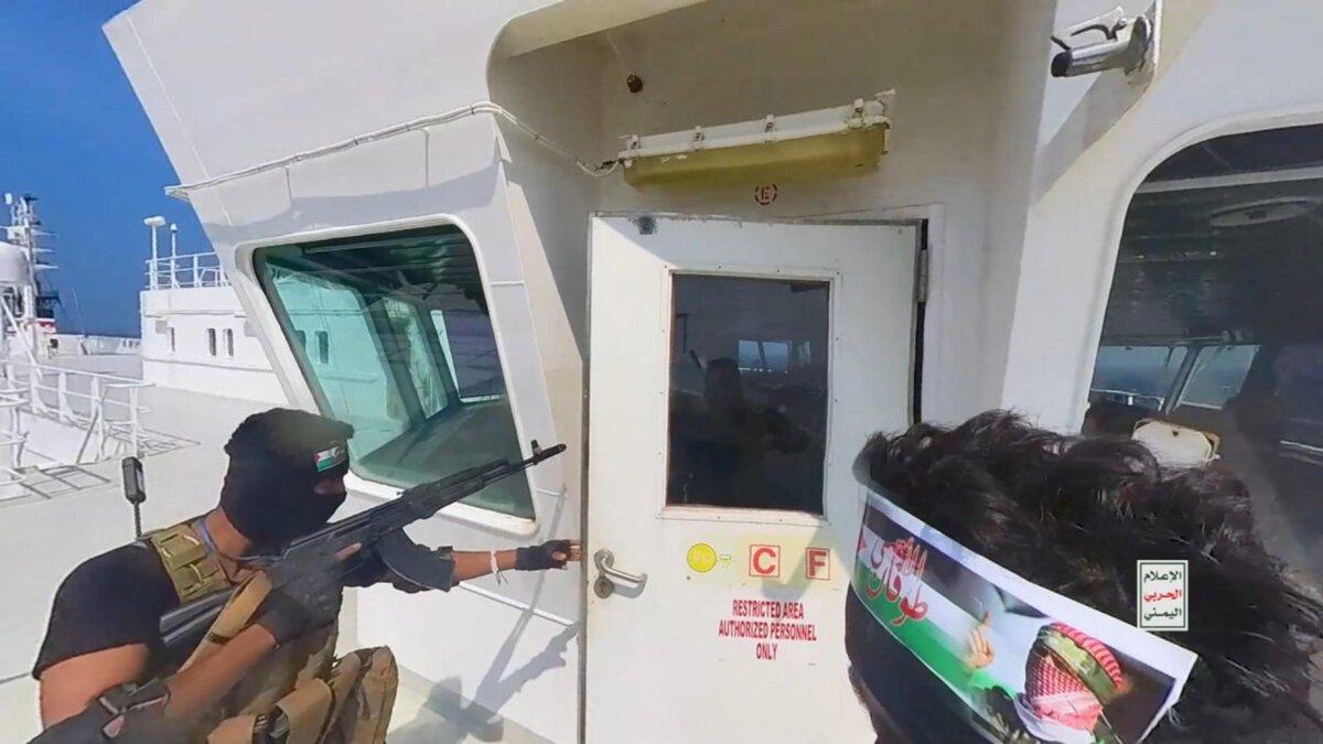 Yemen's Houthi fighters take over the Galaxy Leader Cargo on the Red Sea coast off Hudaydah, Yemen, on Nov. 20, 2023. (Houthi Movement via Getty Images)