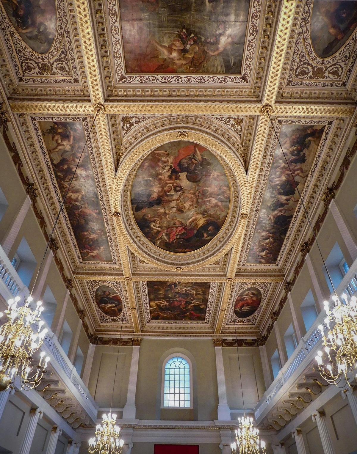 The ceiling of the Banqueting House with 10 paintings by Flemish artist Peter Paul Rubens. (Color corrected photograph by <a class="new" title="User:Paul the Archivist (page does not exist)" href="https://commons.wikimedia.org/w/index.php?title=User:Paul_the_Archivist&action=edit&redlink=1">Paul the Archivist</a>/<a href="https://creativecommons.org/licenses/by-sa/4.0/deed.en">CC BY-SA 4.0 DEED</a>)