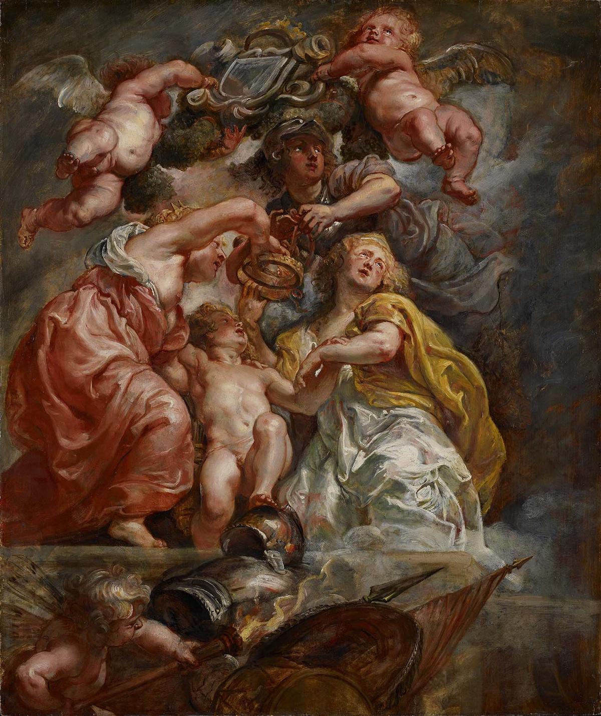 Oil sketch for the ceiling mural of "The Union of England and Scotland (Charles I as the Prince of Wales)," 1633–1634, by Peter Paul Rubens. Oil on panel; 33 1/4 inches by 25 7/8 inches. Minneapolis Institute of Art. (Public Domain)