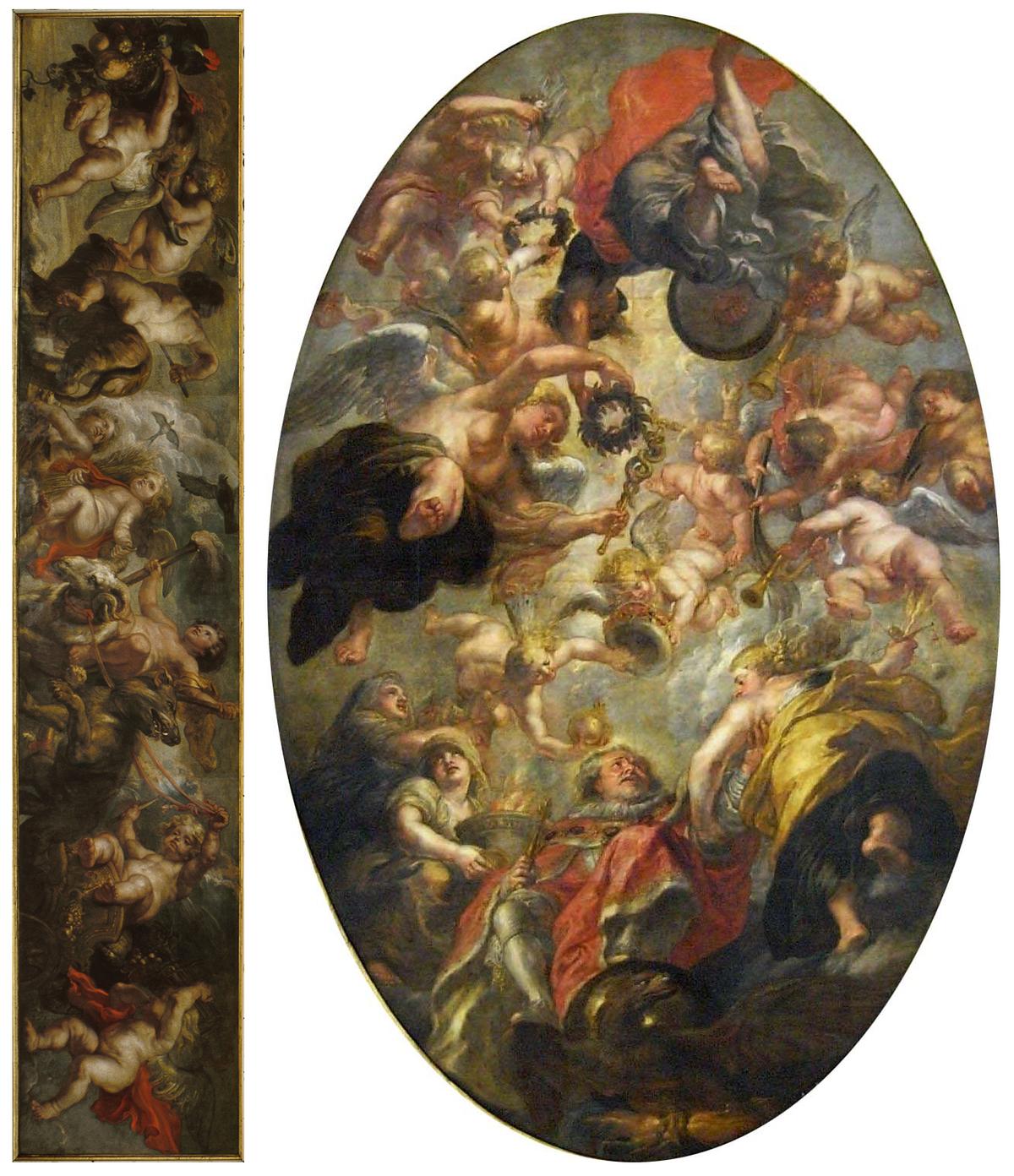 (L) “Procession of Cherub” is one of two canvases flanking the central oval “The Apotheosis of James I,” the largest of the Banqueting Hall ceiling paintings, circa 1632-1634, by Peter Paul Rubens. Royal Collection. (Public Domain)