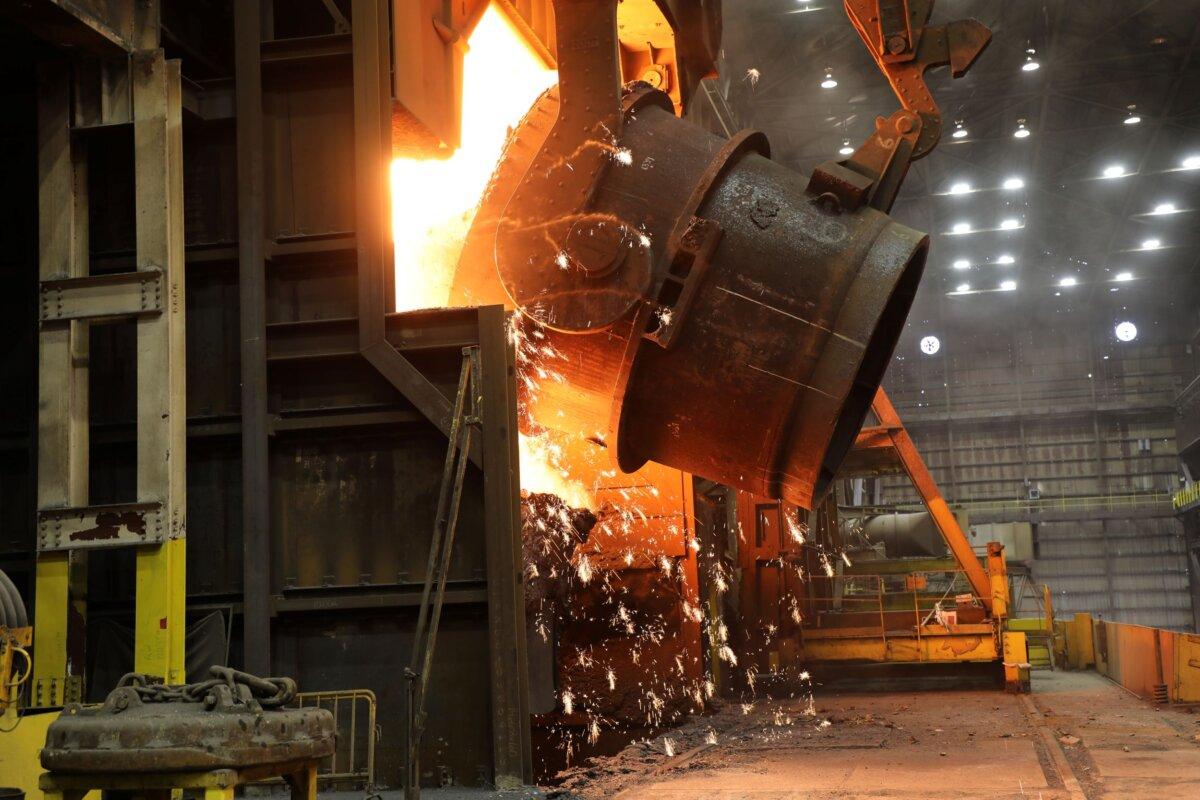 A ladle of molten iron is poured into a Basic Oxygen Process (BOP) furnace at U. S. Steel’s Granite City Works in Illinois, where it will be transformed into liquid steel. (Courtesy U.S. Steel)